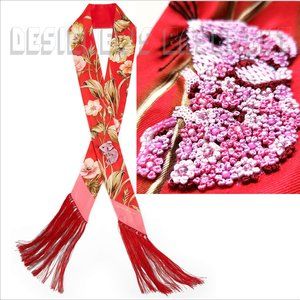 SALVATORE FERRAGAMO red Beaded BABY MOUSE long fringed silk scarf NWT+envelope🎁